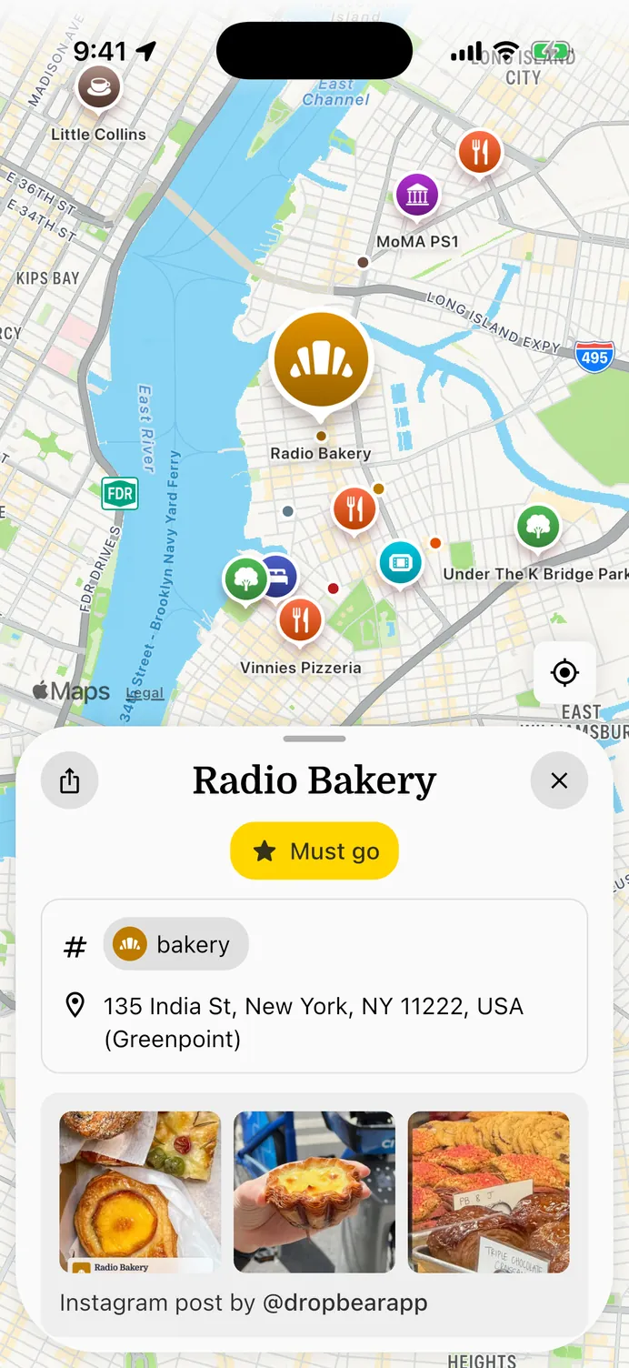 The app showing saved places across Greenpoint and Williamsburg, with Radio Bakery open in a half sheet.